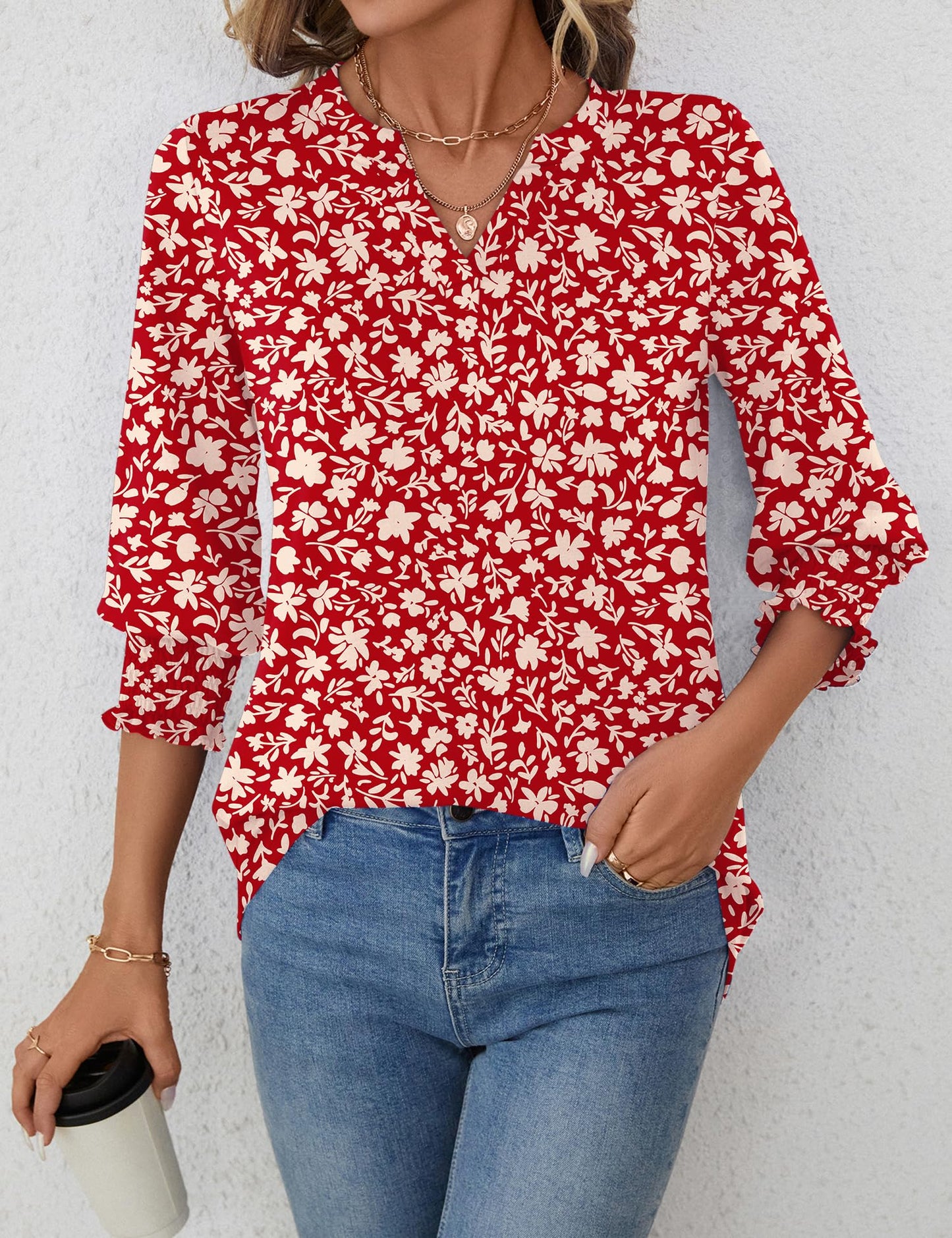 LOMON Blouses for Women Dressy Casual 3/4 Sleeve Tops for Women V Neck T Shirt Ladies Tops and Blouses Orange Blue Print L