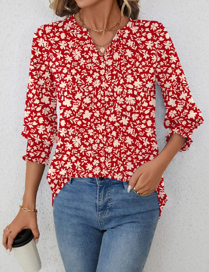 LOMON Blouses for Women Dressy Casual 3/4 Sleeve Tops for Women V Neck T Shirt Ladies Tops and Blouses Orange Blue Print L