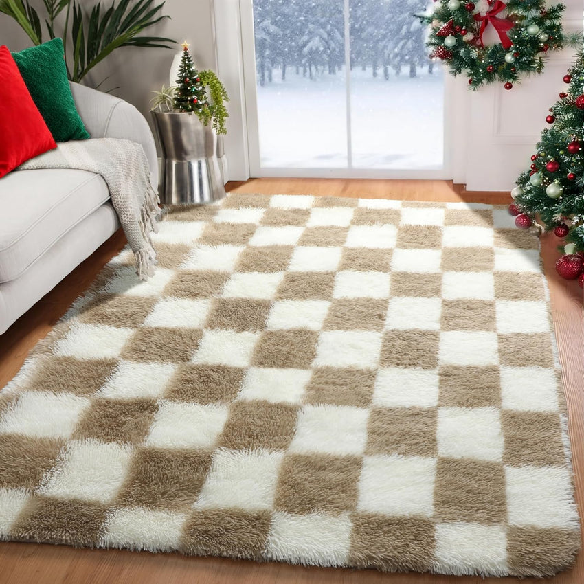 KICMOR Navy Blue and Cream White Rugs for Living Room, 4x6 Fluffy Fuzzy Shag Checkered Rug Shaggy Carpet for Bedroom, Soft Plush Area Rug for Nursery Toddler Room Classroom Study Room Kids Room