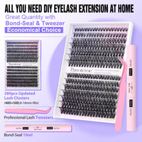 Pawotence Lash Extension Kit DIY 280pcs Lash Clusters Eyelash Extension Kit, 9-16mm 30D 40D Individual Lashes Kit with Lash Bond and Seal, Lash Tweezers for Self Use (30D&40D, 0.07D, 9-16mm, Kit)