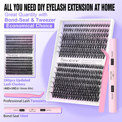 Pawotence Lash Extension Kit DIY 280pcs Lash Clusters Eyelash Extension Kit, 9-16mm 30D 40D Individual Lashes Kit with Lash Bond and Seal, Lash Tweezers for Self Use (30D&40D, 0.07D, 9-16mm, Kit)