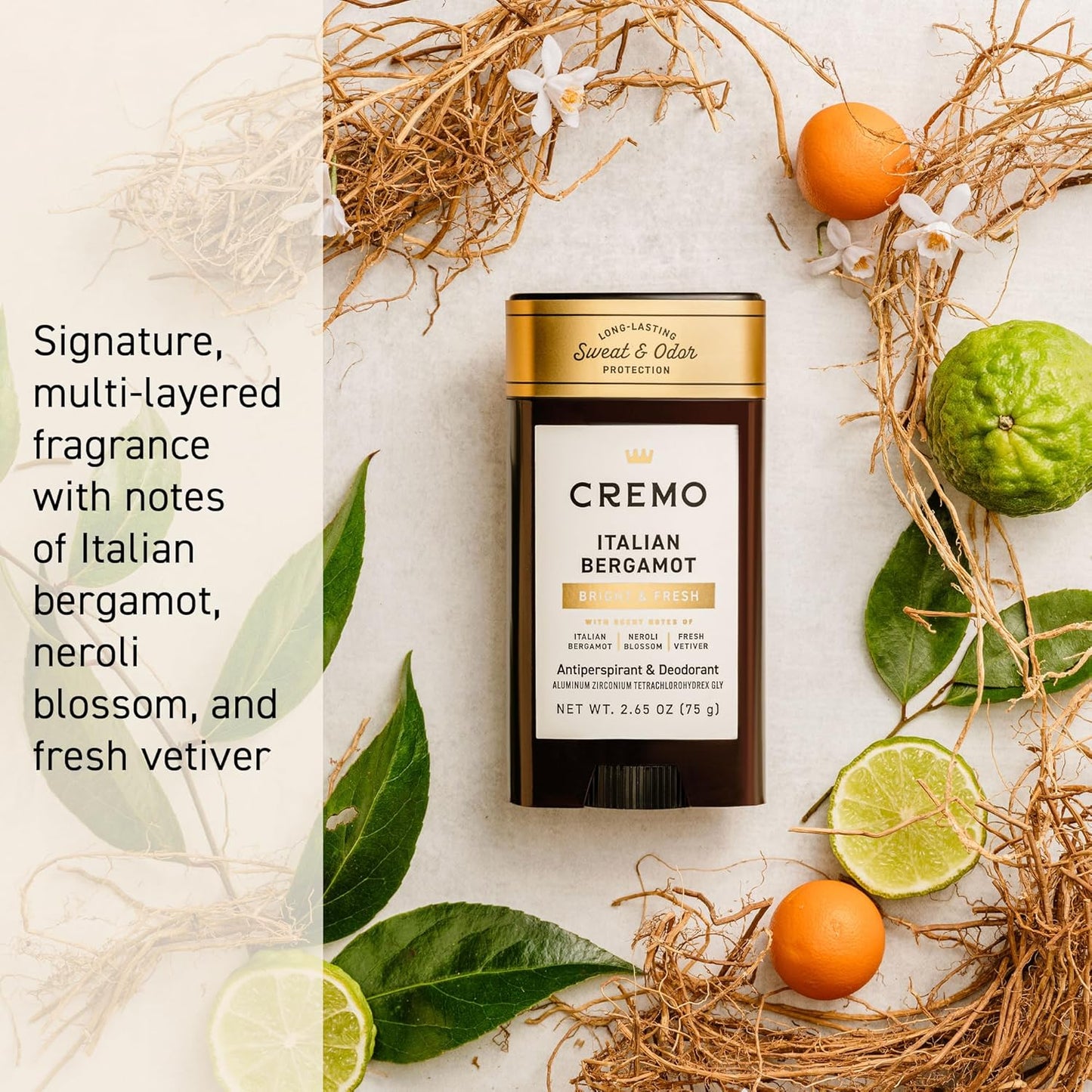 Cremo Italian Bergamot Antiperspirant & Deodorant for Men, 48-hour Sweat and Odor Protection, 2.65oz