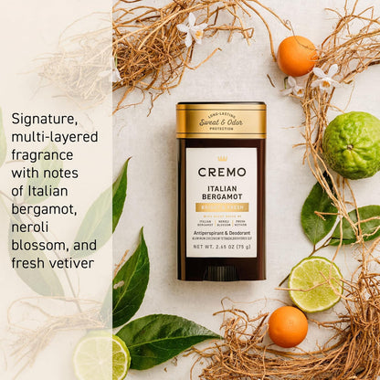 Cremo Italian Bergamot Antiperspirant & Deodorant for Men, 48-hour Sweat and Odor Protection, 2.65oz