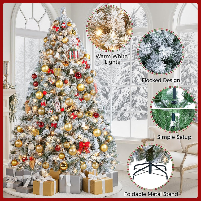Yaheetech 6ft Snow Flocked Pre-lit Christmas Tree with 250 Warm White Lights, 820 Lush Branch Tips & Quick-Assembly Hinged Design, Full Artificial Xmas Tree for Winter Holiday Décor, Green & White
