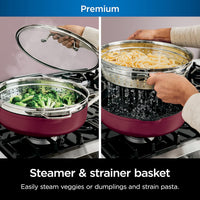 Ninja, Cookware, Steamer, Strainer Basket, Glass Lid and Spatula, Foodi NeverStick PossiblePan, Premium Set with 4-Quart Capacity Pan, Nonstick, Durable, Oven Safe Cookware, Cherry Tart, CW102RD