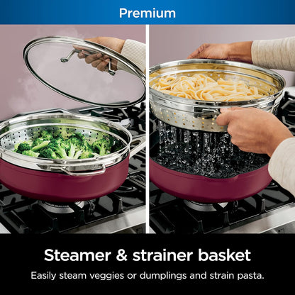Ninja, Cookware, Steamer, Strainer Basket, Glass Lid and Spatula, Foodi NeverStick PossiblePan, Premium Set with 4-Quart Capacity Pan, Nonstick, Durable, Oven Safe Cookware, Cherry Tart, CW102RD