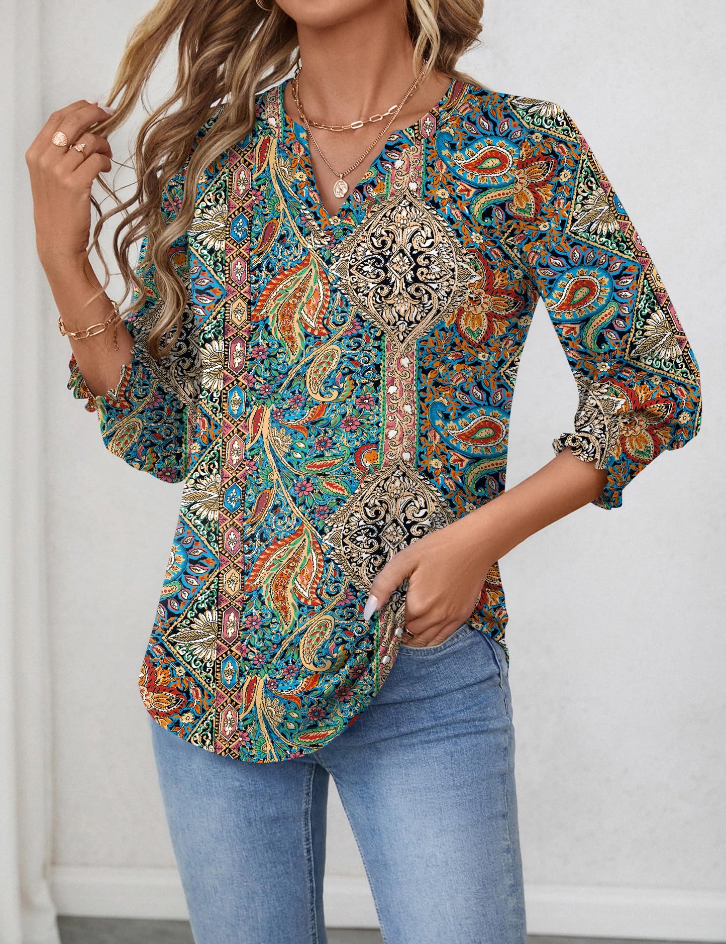 LOMON Blouses for Women Dressy Casual 3/4 Sleeve Tops for Women V Neck T Shirt Ladies Tops and Blouses Orange Blue Print L