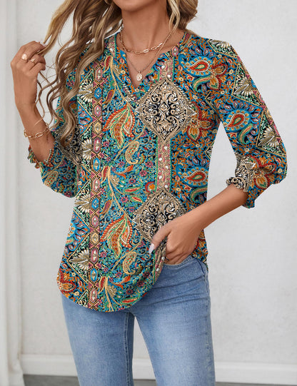LOMON Blouses for Women Dressy Casual 3/4 Sleeve Tops for Women V Neck T Shirt Ladies Tops and Blouses Orange Blue Print L