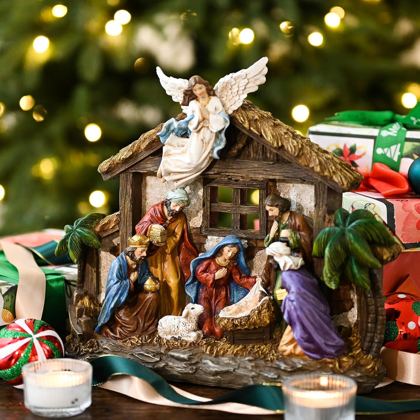 Valery Madelyn Christmas Nativity Figurines with LED Lights, Red Gold Holy Family Nativity Scenes Set Resin Manger for Xmas Indoor Home Table Fireplace Holiday Decorations, 10.6 Inch Tall