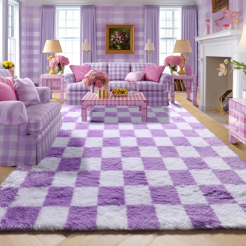 KICMOR Navy Blue and Cream White Rugs for Living Room, 4x6 Fluffy Fuzzy Shag Checkered Rug Shaggy Carpet for Bedroom, Soft Plush Area Rug for Nursery Toddler Room Classroom Study Room Kids Room