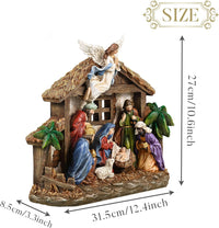 Valery Madelyn Christmas Nativity Figurines with LED Lights, Red Gold Holy Family Nativity Scenes Set Resin Manger for Xmas Indoor Home Table Fireplace Holiday Decorations, 10.6 Inch Tall