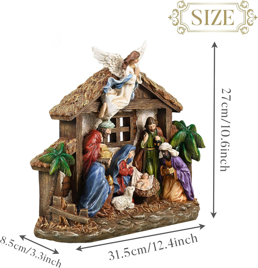 Valery Madelyn Christmas Nativity Figurines with LED Lights, Red Gold Holy Family Nativity Scenes Set Resin Manger for Xmas Indoor Home Table Fireplace Holiday Decorations, 10.6 Inch Tall