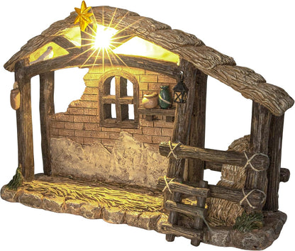 Christmas Nativity Stable, Christmas Decoration Resin Nativity Scene, Hand Painted Jesus Birth Manger Figurines with LED Light, Classic Xmas Table Ornaments for Holiday Indoor Tabletop Fireplace Gift