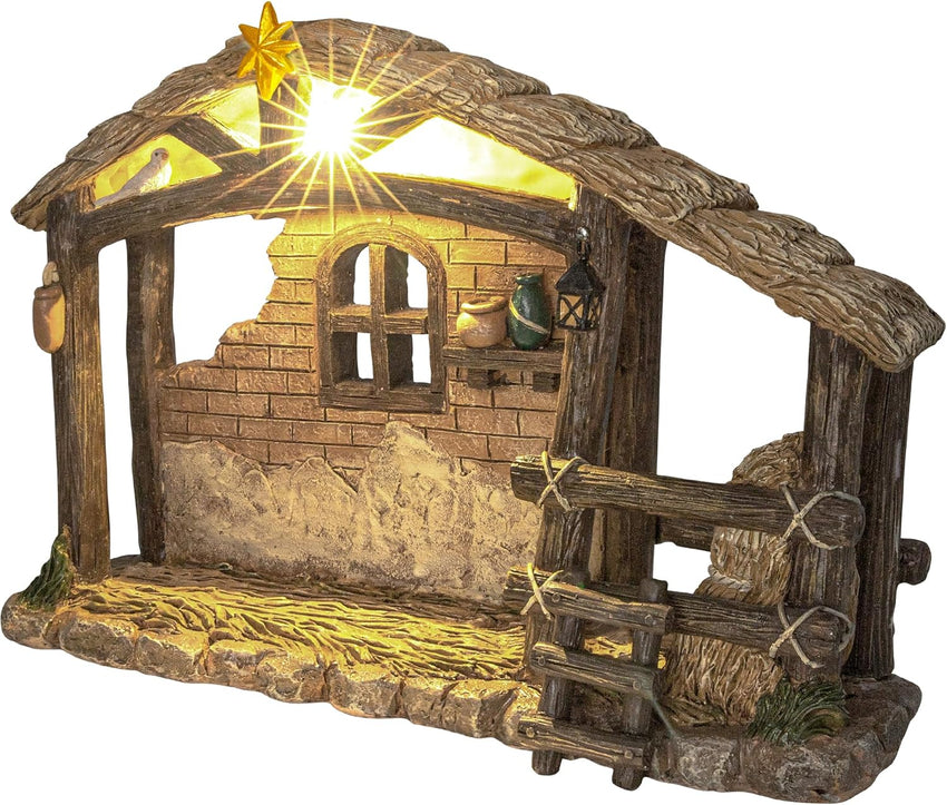 Christmas Nativity Stable, Christmas Decoration Resin Nativity Scene, Hand Painted Jesus Birth Manger Figurines with LED Light, Classic Xmas Table Ornaments for Holiday Indoor Tabletop Fireplace Gift