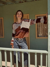 CIDER Women‘s Wool Color Block Sweater Knitted Boat Neck Bell Sleeve Pullover Sweatshirt Tops