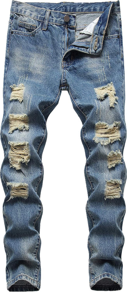 Boy's Skinny Fit Ripped Destroyed Distressed Stretch Slim Jeans Pants