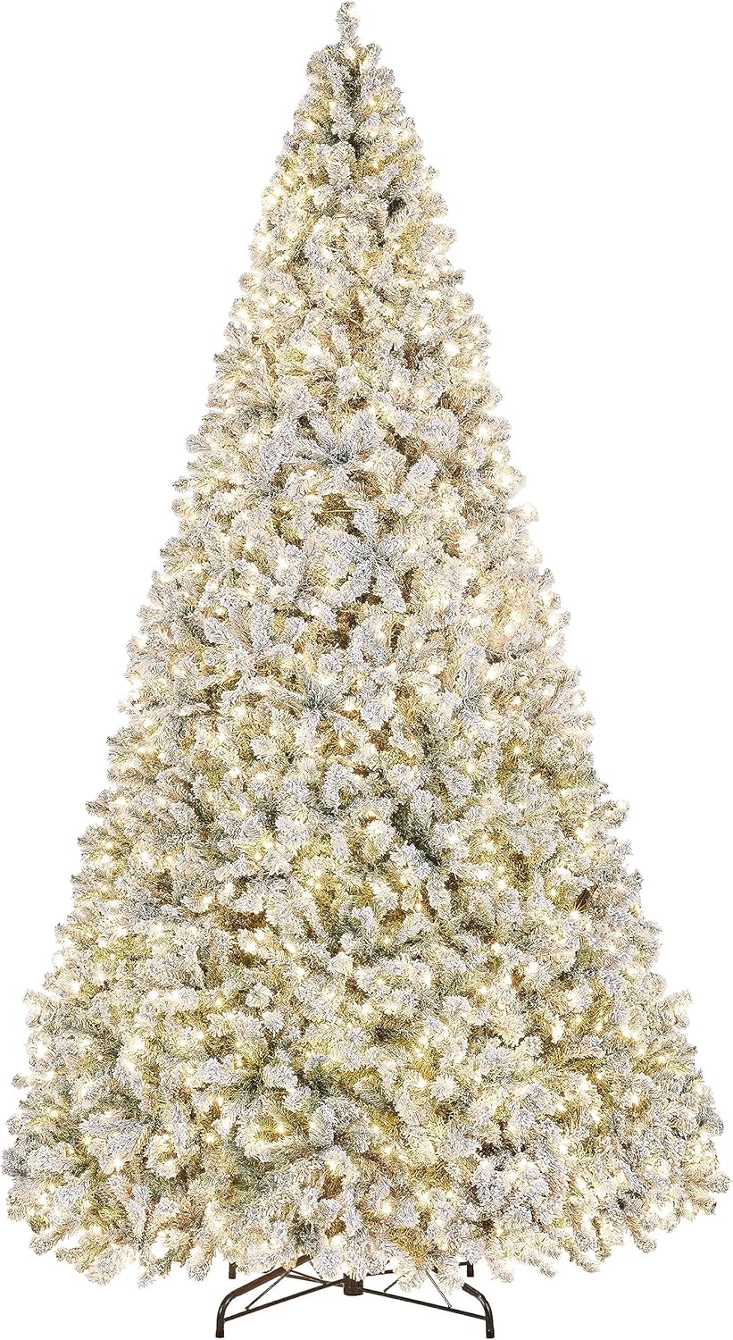 Yaheetech 6ft Snow Flocked Pre-lit Christmas Tree with 250 Warm White Lights, 820 Lush Branch Tips & Quick-Assembly Hinged Design, Full Artificial Xmas Tree for Winter Holiday Décor, Green & White
