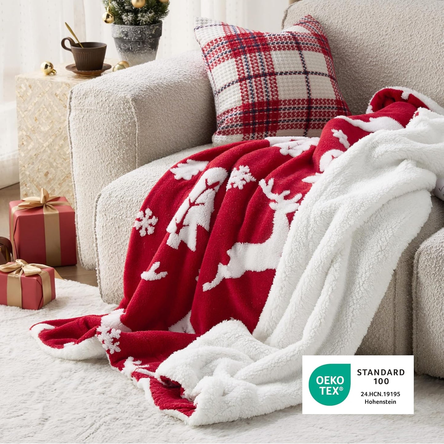 Bedsure Christmas Throw Blanket for Couch - Christmas Decorations Gifts for Women, Warm Sherpa Deer Throw Blanket, Red 50"x60"