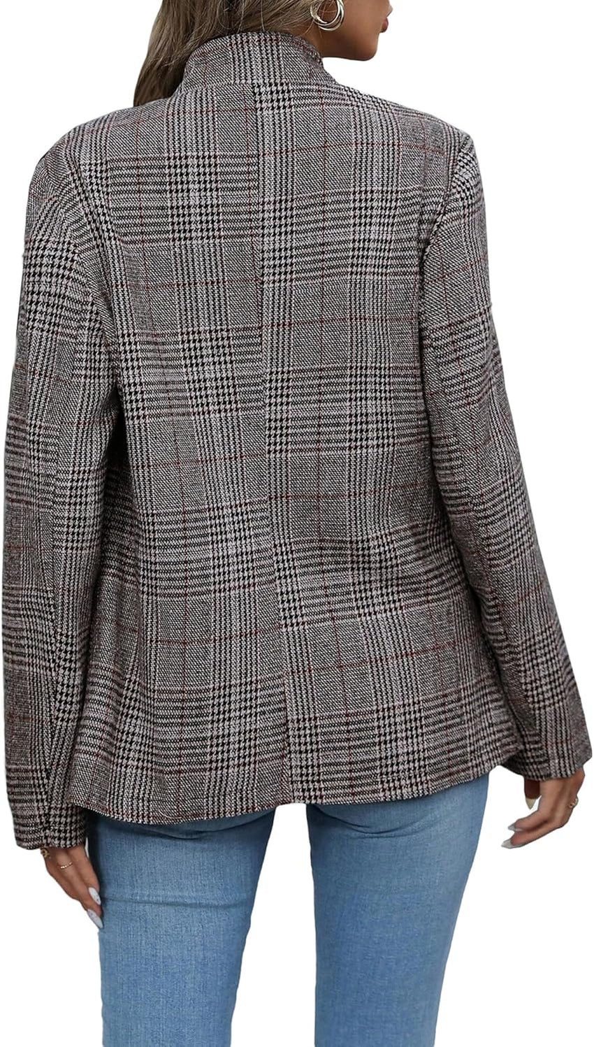 Mina Self 2024 Fall Winter Plaid Blazer Jacket for Women Houndstooth Open Front Elegant Fully Lined Business Work Suit