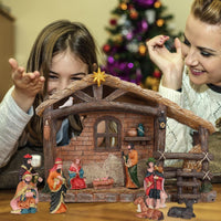 Christmas Nativity Stable, Christmas Decoration Resin Nativity Scene, Hand Painted Jesus Birth Manger Figurines with LED Light, Classic Xmas Table Ornaments for Holiday Indoor Tabletop Fireplace Gift