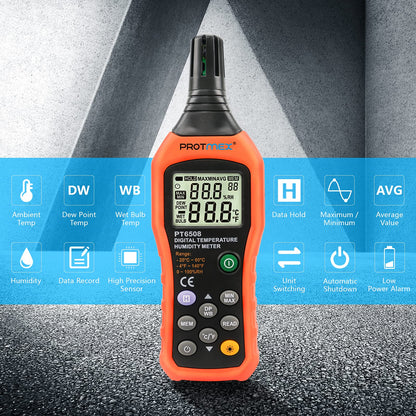 PT6508 Temperature Humidity Meter, Digital Thermometer Hygrometer Monitor with Ambient, Dew Point, Wet Bulb for Indoor/Outdoor MIN, MAX, Data Hold, LCD Backlight
