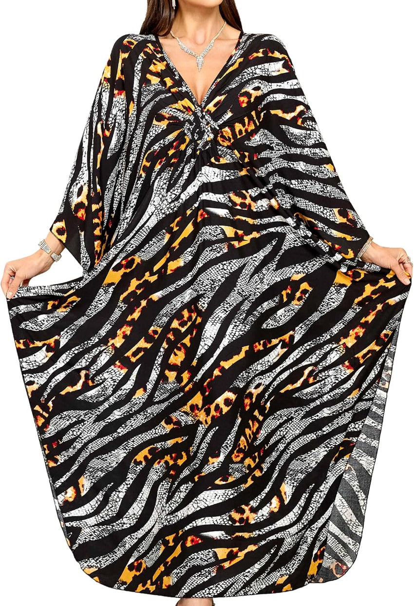 Women Kaftan Dresses Plus Size V-Neck Batwing Sleeves Beach Cover Up 2025 Summer Floral Print Caftan Dress