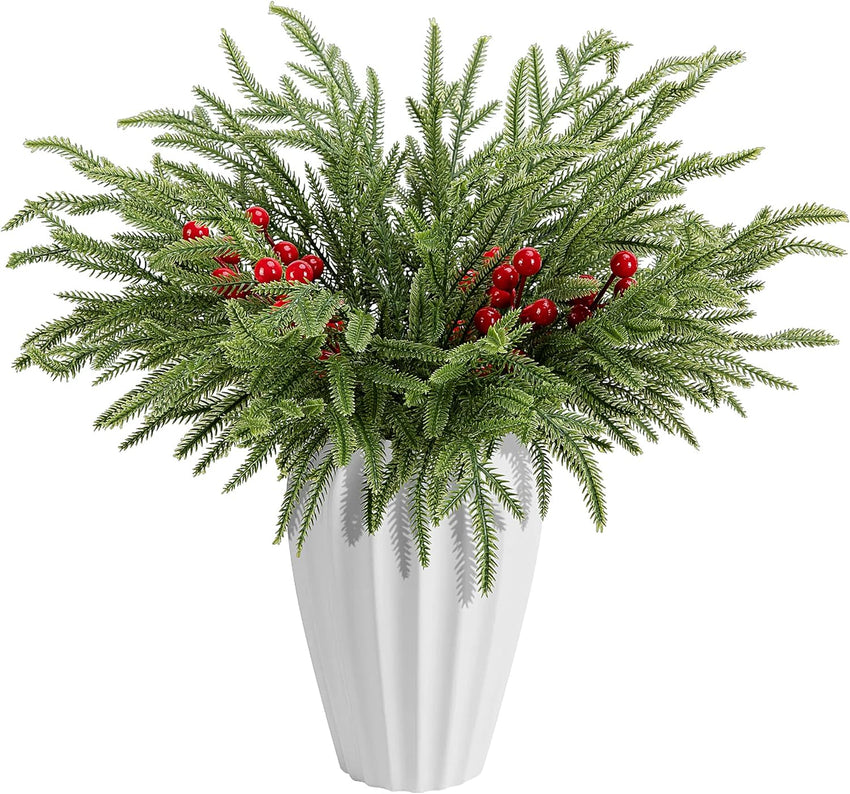 Watayo 45 Pcs Christmas Artificial Pine Branches with Red Berry Stems, 10.5" Faux Evergreen Norfolk Pine Cypress Leaves Stems, Fake Foliage Pine Needles Picks for DIY Craft Garland Home Decor