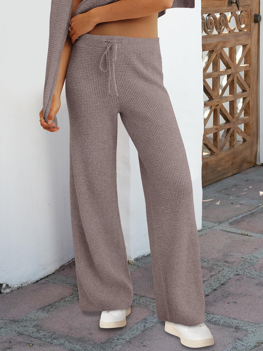 ANRABESS Women Two Piece Outfits Sweater Sets Lounge Waffle Knit Pullover Matching Wide Leg Pants Tracksuit 2025 Fall Fashion
