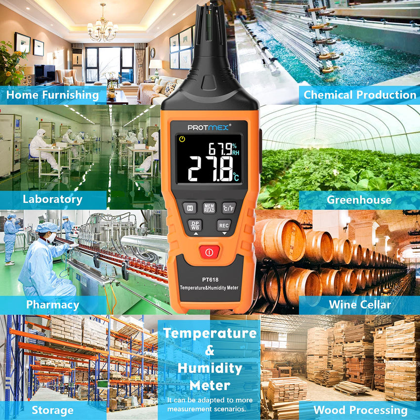 PT6508 Temperature Humidity Meter, Digital Thermometer Hygrometer Monitor with Ambient, Dew Point, Wet Bulb for Indoor/Outdoor MIN, MAX, Data Hold, LCD Backlight