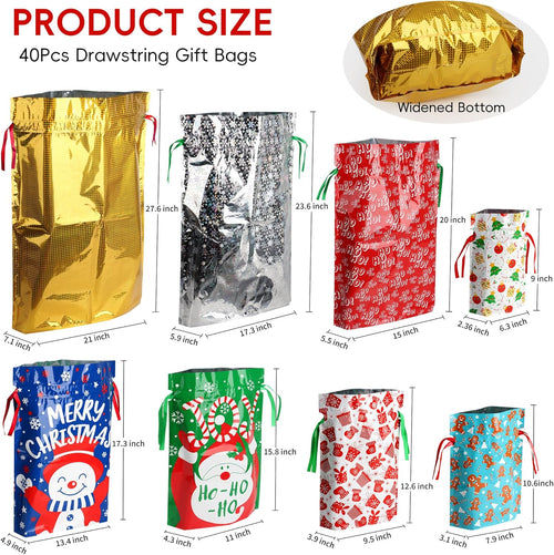 POPGIFTU 40-Pack Christmas Drawstring Gift Bags – 8 Festive Designs | Reusable Foil Holiday Wrapping Bags with Tags | Assorted XL/L/M/S Santa Xmas Gift Bags
