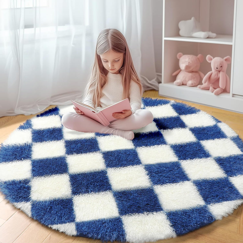KICMOR Navy Blue and Cream White Rugs for Living Room, 4x6 Fluffy Fuzzy Shag Checkered Rug Shaggy Carpet for Bedroom, Soft Plush Area Rug for Nursery Toddler Room Classroom Study Room Kids Room