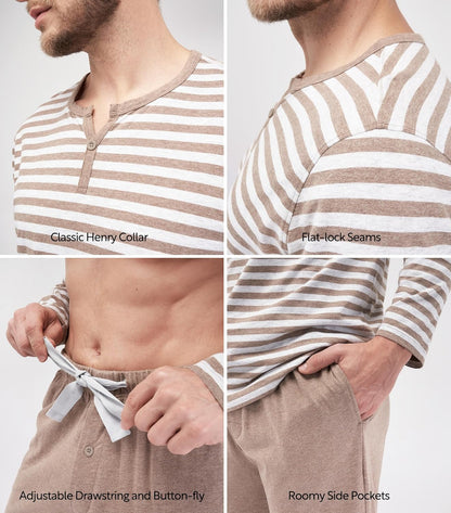 DAVID ARCHY Men's Pajamas Set Soft Cotton Long Sleeve Sleepwear Comfy Loungewear Pjs with Pockets
