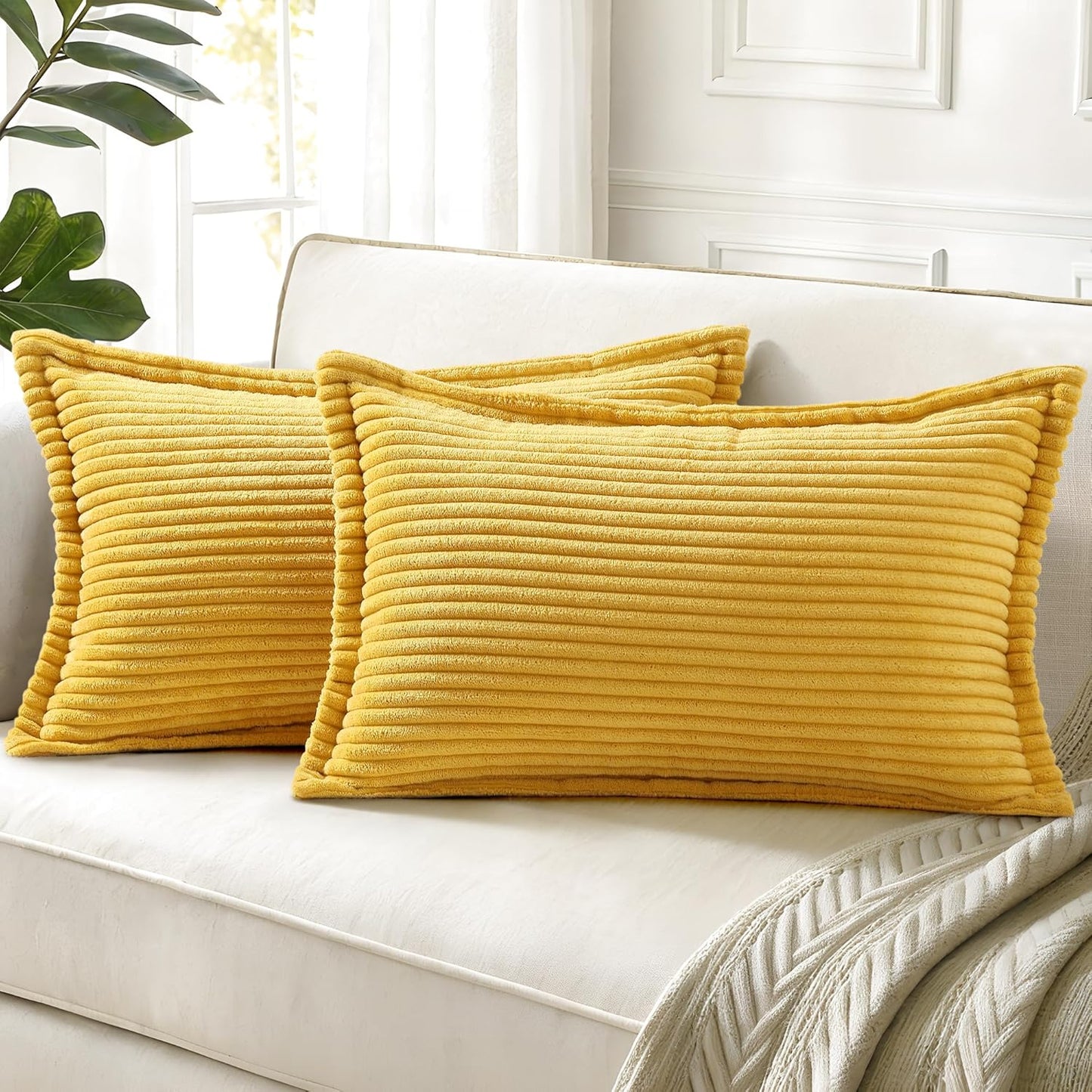 decorUhome Christmas Corduroy Cream White Throw Pillow Covers 18x18 Set of 2 Decorative Soft Boho Farmhouse Euro Couch Pillow Covers for Living Room Bed Sofa Broadside Striped Pillow Cases