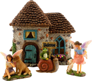 PRETMANNS Fairy House Kit - Fairy Garden Accessories for Outdoor Miniature Village Decor, with Fairies & Sign - Pinecone House, 6.5' High & Door can Open Wide - 4 Piece Supplies