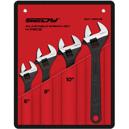 Adjustable Wrench Set Wrenches Sets: 4-Piece 6, 8, 10, 12 Inch Chrome Vanadium Steel Corrosion-Resistant Black Oxide Finish for Automotive Plumbing and Household Repairs