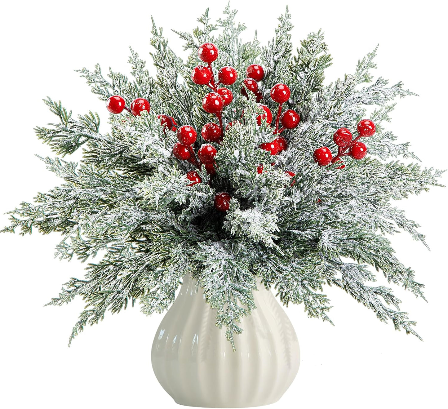 Watayo 45 Pcs Christmas Artificial Pine Branches with Red Berry Stems, 10.5" Faux Evergreen Norfolk Pine Cypress Leaves Stems, Fake Foliage Pine Needles Picks for DIY Craft Garland Home Decor