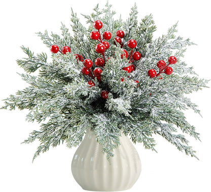 Watayo 45 Pcs Christmas Artificial Pine Branches with Red Berry Stems, 10.5" Faux Evergreen Norfolk Pine Cypress Leaves Stems, Fake Foliage Pine Needles Picks for DIY Craft Garland Home Decor