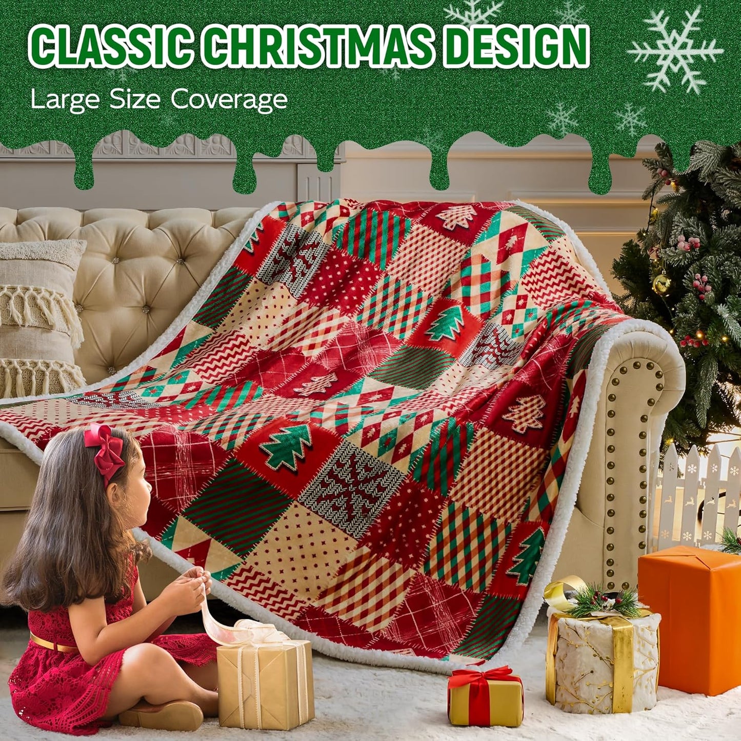 Christmas Throw Blanket, Christmas Decorations Gifts for Women, Sherpa Flannel Fleece Winter Holiday Blanket, Fluffy Cozy Soft Christams Throws for Couch Sofa Bed, ChristamsRhombus, 50" X 60"