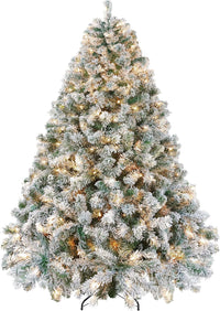 Yaheetech 6ft Snow Flocked Pre-lit Christmas Tree with 250 Warm White Lights, 820 Lush Branch Tips & Quick-Assembly Hinged Design, Full Artificial Xmas Tree for Winter Holiday Décor, Green & White
