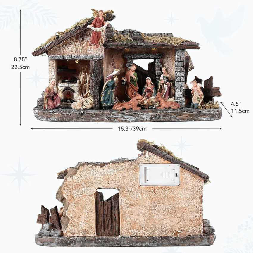 Nativity Scene Set with LED Lights,15.3" Resin Holy Family Character Stables Sculpture Manger Figurine for Indoor Tabletop Fireplace Christmas Decorations