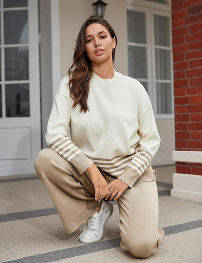 Women's 2 Piece Outfits Sweatsuit Knit Striped Pullover Top Wide Leg Pants Tracksuit Lounge Sets