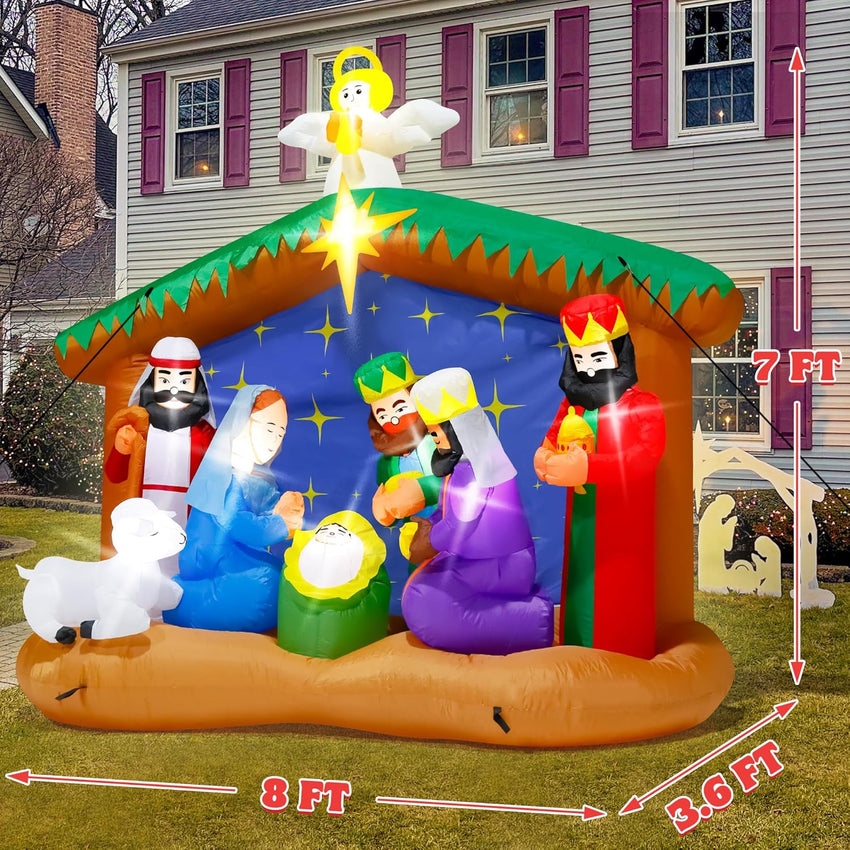 8FT Christmas Inflatables Nativity Scene, Blow Up Christmas Nativity Scene, LED Lighted The Birth of Jesus Scene Inflatables Decor, Christmas Outdoor Inflatable Decor for Xmas Yard Lawn Patio