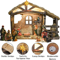 Christmas Nativity Stable, Christmas Decoration Resin Nativity Scene, Hand Painted Jesus Birth Manger Figurines with LED Light, Classic Xmas Table Ornaments for Holiday Indoor Tabletop Fireplace Gift