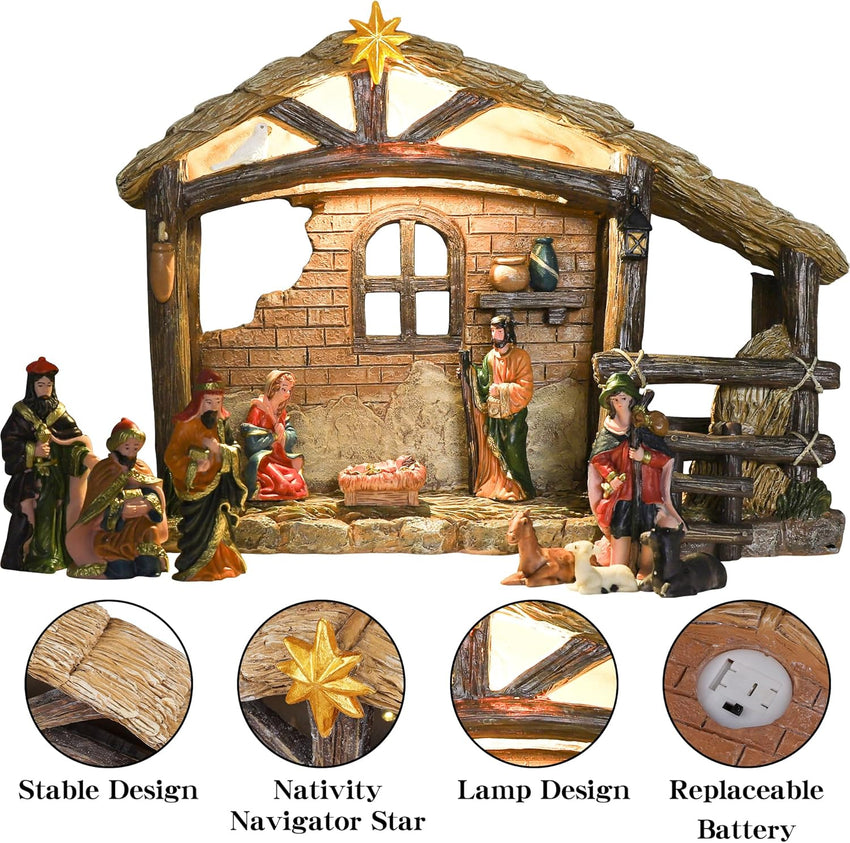 Christmas Nativity Stable, Christmas Decoration Resin Nativity Scene, Hand Painted Jesus Birth Manger Figurines with LED Light, Classic Xmas Table Ornaments for Holiday Indoor Tabletop Fireplace Gift
