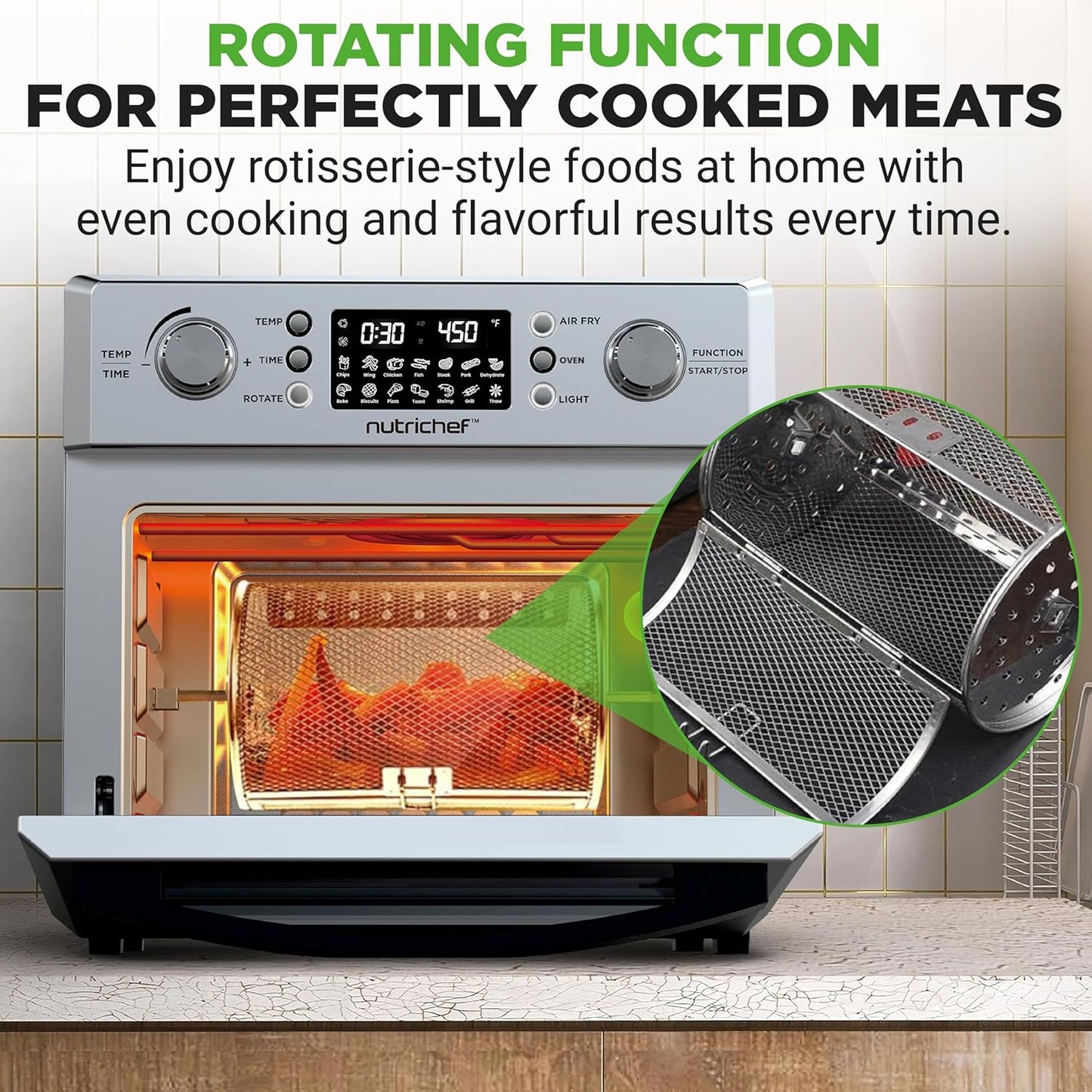 NutriChef 26L Electric Air Fryer Oven | 1700W Countertop Rotisserie & Air Fryer | 360° Rotating Feature | 10 Digital Menu Presets | Includes Drip Tray, Air Frying Basket & Bake Rack 15x16x14 (Silver)