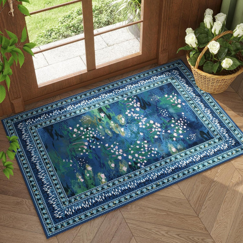 Rugcomf 4x6 Rug for Bedroom Impressionist-Style Vintage Washable Rugs Non Slip Low Pile Small Carpet for Bedside Kids Room Office Dining Room, Green
