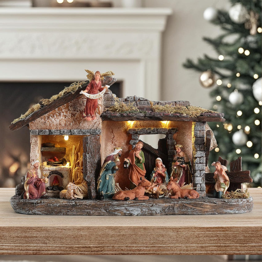 Nativity Scene Set with LED Lights,15.3" Resin Holy Family Character Stables Sculpture Manger Figurine for Indoor Tabletop Fireplace Christmas Decorations