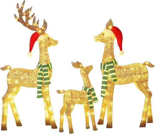 58 Inch 3D Gold Large Lighted Christmas Deer Decorations 3-Piece Outdoor Holiday Decorations Reindeer Set with 210 Warm White LEDs, Large Yard Display for Garden, Storefront