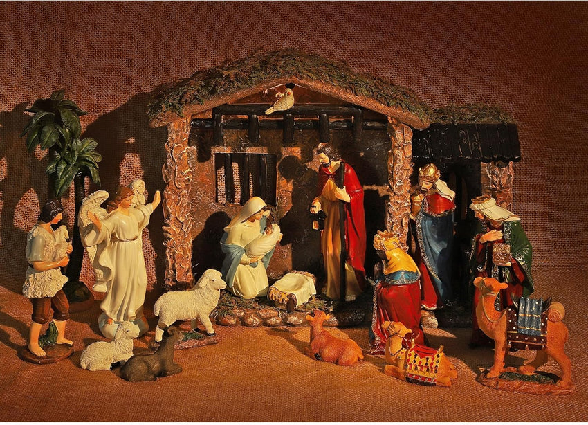 Fovths 17 Pieces Lighted Nativity Christmas Nativity Stable Manger Religious Nativity Stable Manger Figurine Resin Decor for Deluxe Edition Led Nativity Tabletop Holiday Centerpieces Decor, 7 Inch