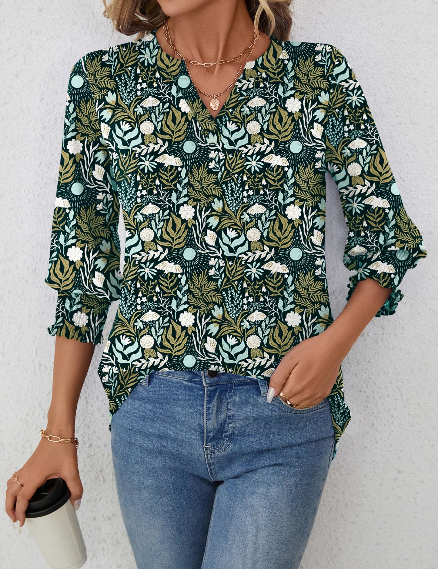 LOMON Blouses for Women Dressy Casual 3/4 Sleeve Tops for Women V Neck T Shirt Ladies Tops and Blouses Orange Blue Print L